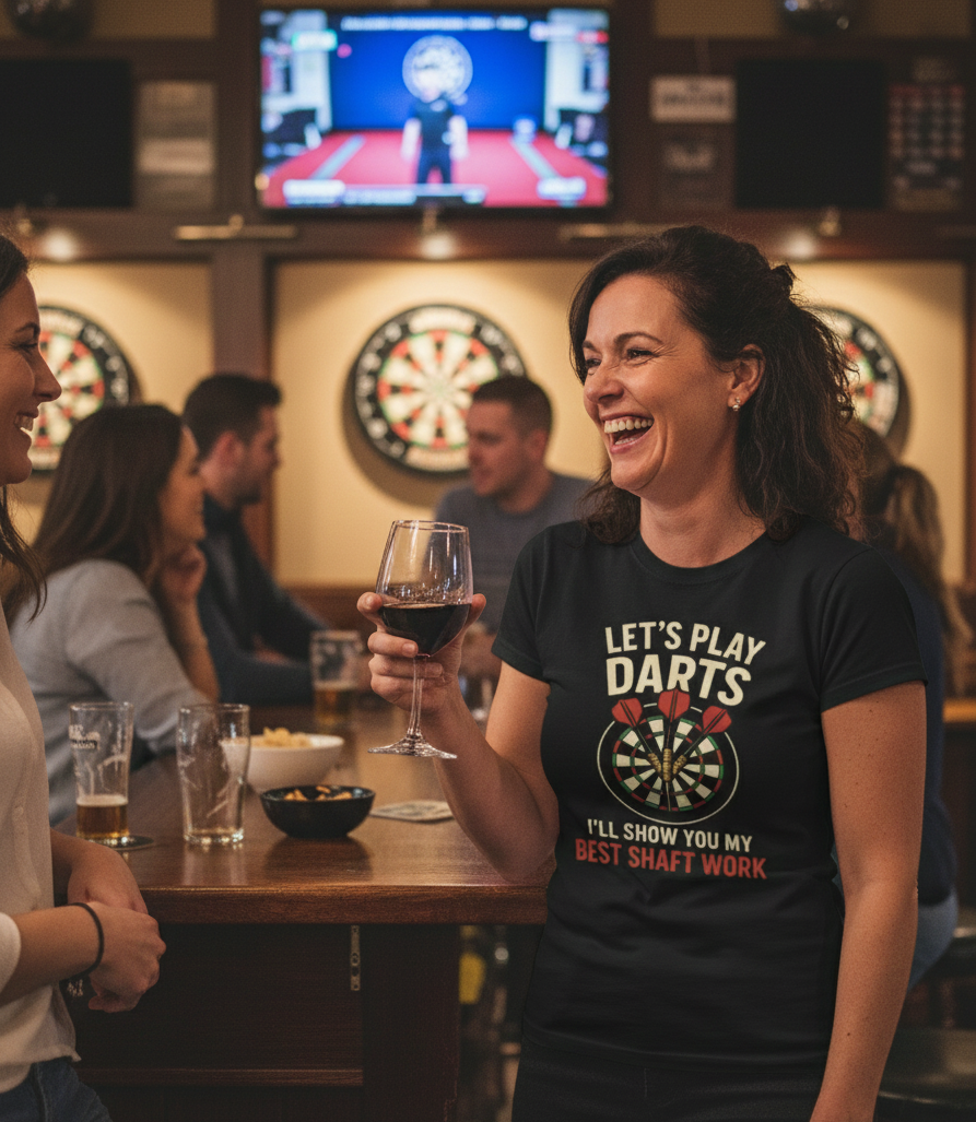 Woman in a bar wearing a 'Let's Play Darts' shirt, holding a glass of wine. The lady is wearing a Cows Corner t-shirt with a funny darts slogan 'Lets Play Darts I'll Show You My Best Shaft Work'. Cows Corner gifts are perfect for sport-mad fans, these gifts work brilliantly for birthdays, new baby celebrations, Father’s Day, Mother’s Day, Christmas, anniversaries, thank you gifts, end-of-season team awards, graduations, retirements, and just-because moments when you want to raise a smile. 
