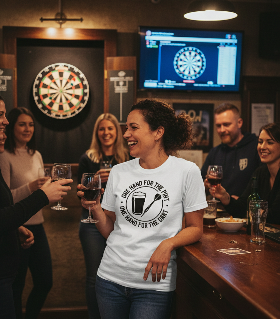 Woman in a bar wearing a white t-shirt with a logo, holding a glass of wine, surrounded by friends. The lady is wearing a Cows Corner t-shirt with the funny darts slogan 'One Hand For The Pint, One Hand For The Darts'. Cows Corner gifts are perfect for sport-mad fans, these gifts work brilliantly for birthdays, new baby celebrations, Father’s Day, Mother’s Day, Christmas, anniversaries, thank you gifts, end-of-season team awards, graduations, retirements, and just-because moments when you want to raise a sm