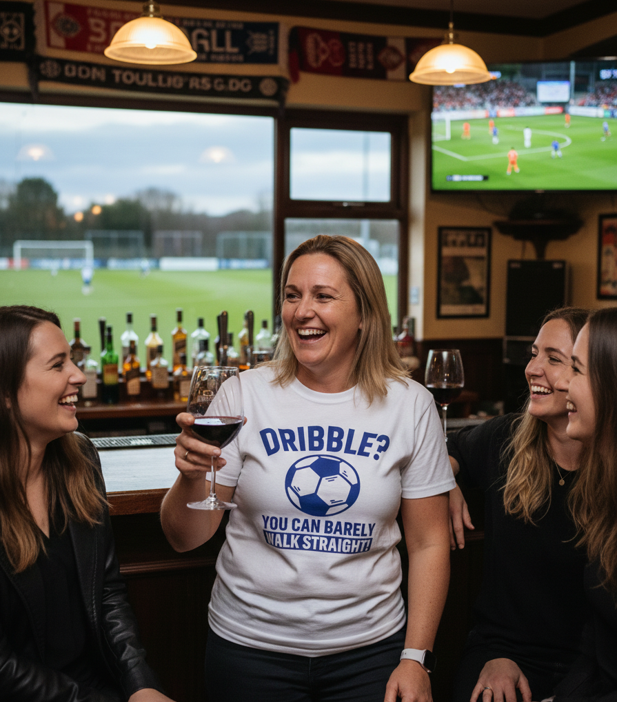 Woman in a sports bar with friends, holding a glass of red wine, wearing a t-shirt with a soccer-themed message.  The lady is wearing a Cows Corner T-shirt with the funny football slogan on the front that reads 'Dribble You Can Barely Walk Straight!'.  Cows Corner gifts are perfect for sport-mad fans, these gifts work brilliantly for birthdays, new baby celebrations, Father’s Day, Mother’s Day, Christmas, anniversaries, thank you gifts, end-of-season team awards, graduations, retirements, and just-because