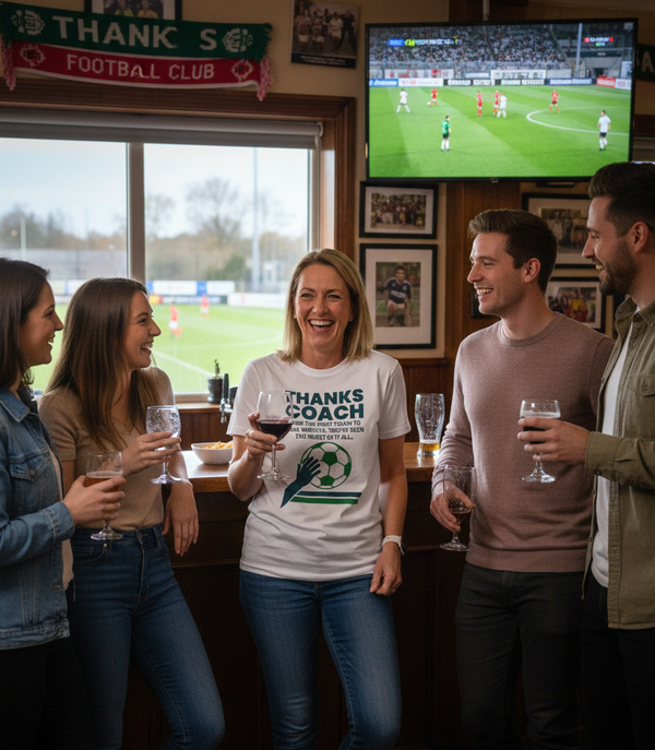 Group of people watching a football match on TV in a pub.  The lady is wearing a Cows Corner T-shirt with the funny football slogan on the front that reads 'Thanks Coach From the First Touch to Final Whistle, You’ve Been the Heat of It All'. Cows Corner gifts are perfect for sport-mad fans, these gifts work brilliantly for birthdays, new baby celebrations, Father’s Day, Mother’s Day, Christmas, anniversaries, thank you gifts, end-of-season team awards, graduations, retirements, and just-because moments