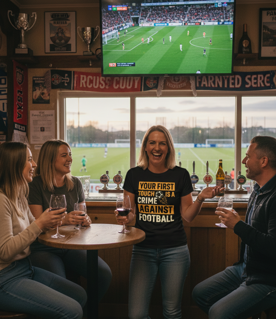 People watching a sports game on TV in a pub with a woman in a Cows Corner T-shirt with the funny football slogan on the front that reads 'Your First Tough Choice Is A Crime Against Football'.  Cows Corner gifts are perfect for sport-mad fans, these gifts work brilliantly for birthdays, new baby celebrations, Father’s Day, Mother’s Day, Christmas, anniversaries, thank you gifts, end-of-season team awards, graduations, retirements, and just-because moments when you want to raise a smile. 