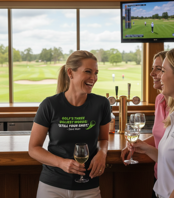 Woman holding a glass of wine in a bar with a view of a golf course on a TV screen. The lady is wearing a Cows Corner t-shirt with the funny golf saying on the front that reads 'Golf’s There Ugliest Words: ’Still Your Shot! – Dave Marr'.  Cows Corner gifts are perfect for sport-mad fans, these gifts work brilliantly for birthdays, new baby celebrations, Father’s Day, Mother’s Day, Christmas, anniversaries, thank you gifts, end-of-season team awards, graduations, retirements, and just-because moments 
