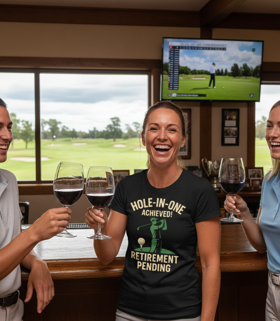 Three people in a bar setting, enjoying wine and watching a golf game on TV. The lady is wearing a Cows Corner t-shirt with a funny golf slogan 'Hole-In-One Achieved… Retirement Pending'. Cows Corner gifts are perfect for sport-mad fans, these gifts work brilliantly for birthdays, new baby celebrations, Father’s Day, Mother’s Day, Christmas, anniversaries, thank you gifts, end-of-season team awards, graduations, retirements, and just-because moments when you want to raise a smile. 
