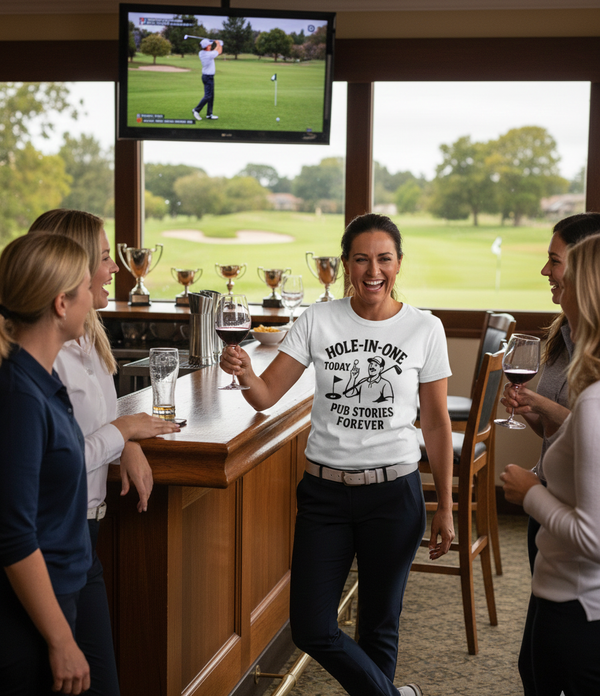 Woman in a bar wearing a t-shirt with humorous text, surrounded by friends with drinks, watching golf on TV. The lady is wearing a Cows Corner t-shirt with the funny golf slogan 'Hole-In-One Today… Pub Stories Forever'. Cows Corner gifts are perfect for sport-mad fans, these gifts work brilliantly for birthdays, new baby celebrations, Father’s Day, Mother’s Day, Christmas, anniversaries, thank you gifts, end-of-season team awards, graduations, retirements, and just-because moments 