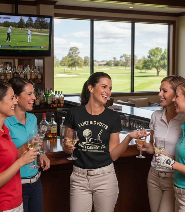 Group of women in a bar with golf-themed decor, watching a golf game on TV. The lady is wearing a Cows Corner T-shirt with the funny golf slogan on the front that reads 'I Like Big Putts and I Cannot Lie, but Yours Are Embarrassing'. Cows Corner gifts are perfect for sport-mad fans, these gifts work brilliantly for birthdays, new baby celebrations, Father’s Day, Mother’s Day, Christmas, anniversaries, thank you gifts, end-of-season team awards, graduations, retirements, and just-because moments
