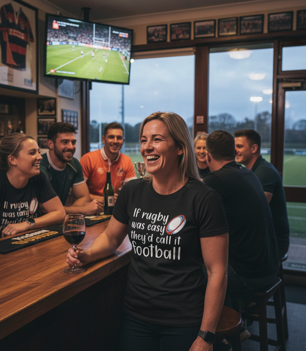 Woman in a bar wearing a black t-shirt with rugby-themed text, surrounded by people watching a game on TV. The lady is wearing a Cows Corner t-shirt with the funny rugby slogan on the front that reads 'If Rugby Was Easy They’d Call It Football'. Cows Corner gifts are perfect for sport-mad fans, these gifts work brilliantly for birthdays, new baby celebrations, Father’s Day, Mother’s Day, Christmas, anniversaries, thank you gifts, end-of-season team awards, graduations, retirements, and just-because moments 