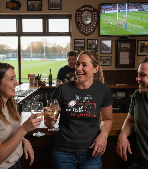 People in a pub watching sports on TV, with a woman in a black t-shirt with text. The lady is wearing a Cows Corner t-shirt with the funny rugby slogan on the front that reads 'No Guts No Glory No Teeth No Problem'. Cows Corner gifts are perfect for sport-mad fans, these gifts work brilliantly for birthdays, new baby celebrations, Father’s Day, Mother’s Day, Christmas, anniversaries, thank you gifts, end-of-season team awards, graduations, retirements, and just-because moments when you want to raise a smile