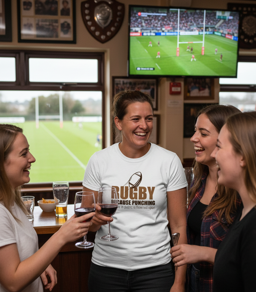 Group of women in a pub watching a rugby match on TV, one wearing a 'Rugby Because Punching' shirt. The lady is wearing a Cows Corner t-shirt with the funny golf slogan on the front that reads 'Rugby Because Punching People in Public Is Frowned Upon'. Cows Corner gifts are perfect for sport-mad fans, these gifts work brilliantly for birthdays, new baby celebrations, Father’s Day, Mother’s Day, Christmas, anniversaries, thank you gifts, end-of-season team awards, graduations, retirements, and just-because