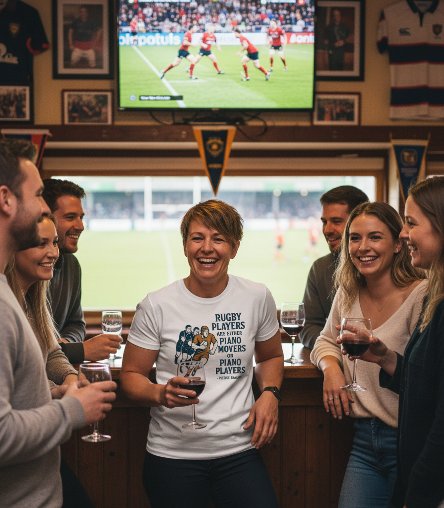 Group of people in a pub watching a rugby match on television. The lady is wearing a Cows Corner t-shirt with the funny rugby slogan 'Rugby Players Are Either Piano Movers or Piano Players – Pierre Danos'. Cows Corner gifts are perfect for sport-mad fans, these gifts work brilliantly for birthdays, new baby celebrations, Father’s Day, Mother’s Day, Christmas, anniversaries, thank you gifts, end-of-season team awards, graduations, retirements, and just-because moments when you want to raise a smile. 
