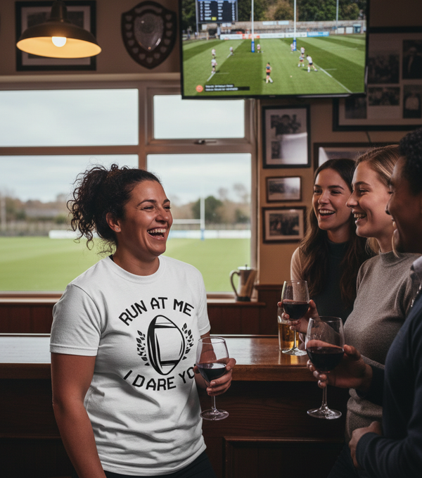 People in a pub watching a sports match on television, one person wearing a t-shirt with a running-themed design. The lady is wearing a Cows Corner t-shirt with the funny rugby slogan on the front that reads 'Run at Me I Dare You'. Cows Corner gifts are perfect for sport-mad fans, these gifts work brilliantly for birthdays, new baby celebrations, Father’s Day, Mother’s Day, Christmas, anniversaries, thank you gifts, end-of-season team awards, graduations, retirements, and just-because moments 