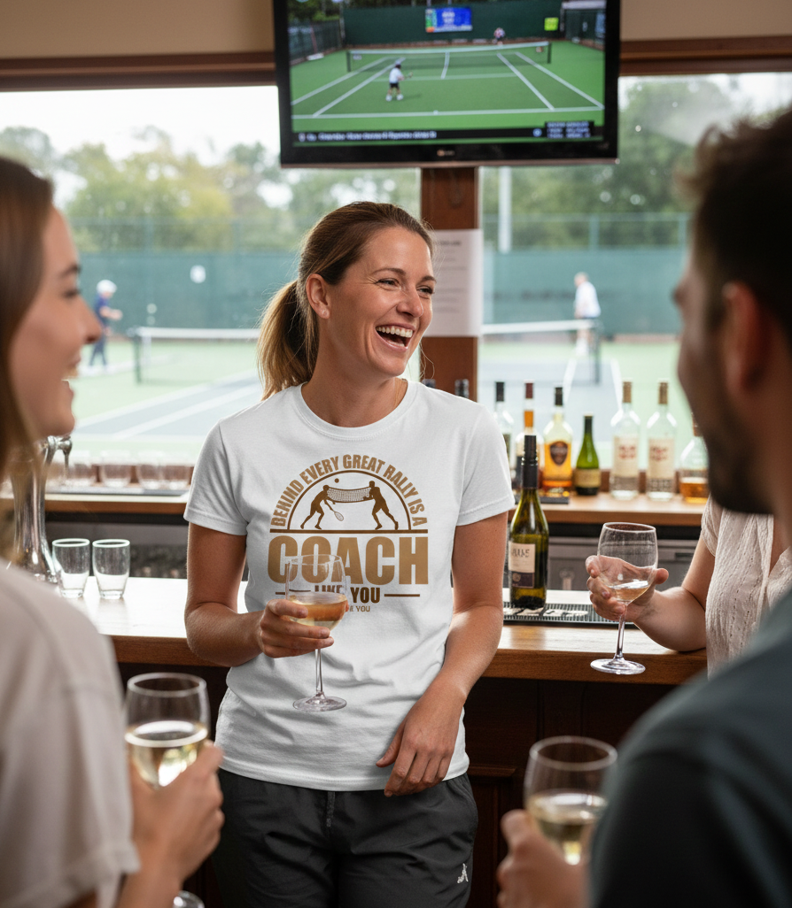 People in a bar watching a tennis match on TV, one person wearing a Cows Corner t-shirt with tennis coach slogan on the front that reads 'Behind Every Great Rally Is a Coach Like You – Thank You'. Cows Corner gifts are perfect for sport-mad fans, these gifts work brilliantly for birthdays, new baby celebrations, Father’s Day, Mother’s Day, Christmas, anniversaries, thank you gifts, end-of-season team awards, graduations, retirements, and just-because moments when you want to raise a smile. 
