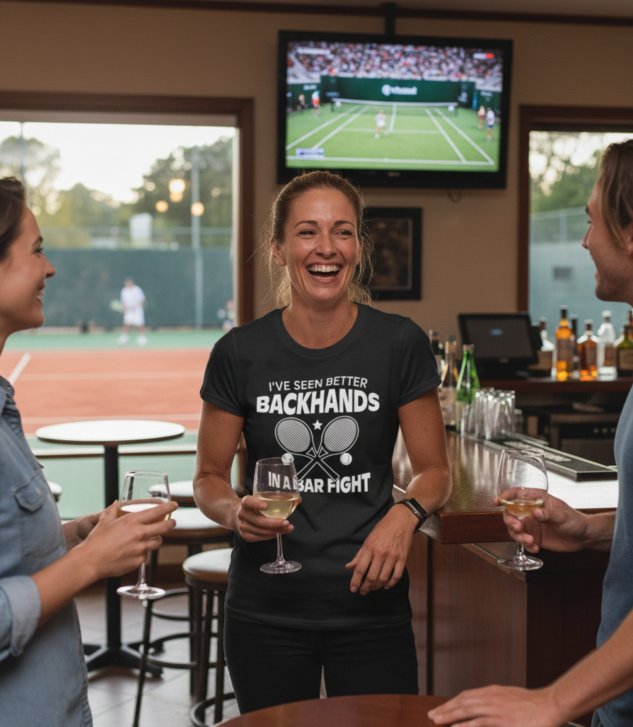 Woman in a sports bar wearing a t-shirt with tennis-themed text, surrounded by friends and a tennis match on TV.  The lady is wearing a Cows Corner T-shirt with the funny tennis slogan on the front that reads 'I've Seen Better Backhands In A Bar Fight'. Cows Corner gifts are perfect for sport-mad fans, these gifts work brilliantly for birthdays, new baby celebrations, Father’s Day, Mother’s Day, Christmas, anniversaries, thank you gifts, end-of-season team awards, graduations, retirements, and just-because.
