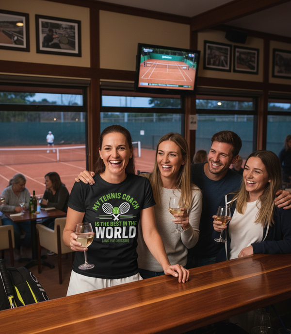 Group of people in a bar with a tennis court visible through the windows. The lady is wearing a Cows Corner t-shirt with the tennis coach slogan on the front that reads 'My Tennis Coach Is the Best in the World (and I’ve Checked)'. Cows Corner gifts are perfect for sport-mad fans, these gifts work brilliantly for birthdays, new baby celebrations, Father’s Day, Mother’s Day, Christmas, anniversaries, thank you gifts, end-of-season team awards, graduations, retirements, and just-because moments 