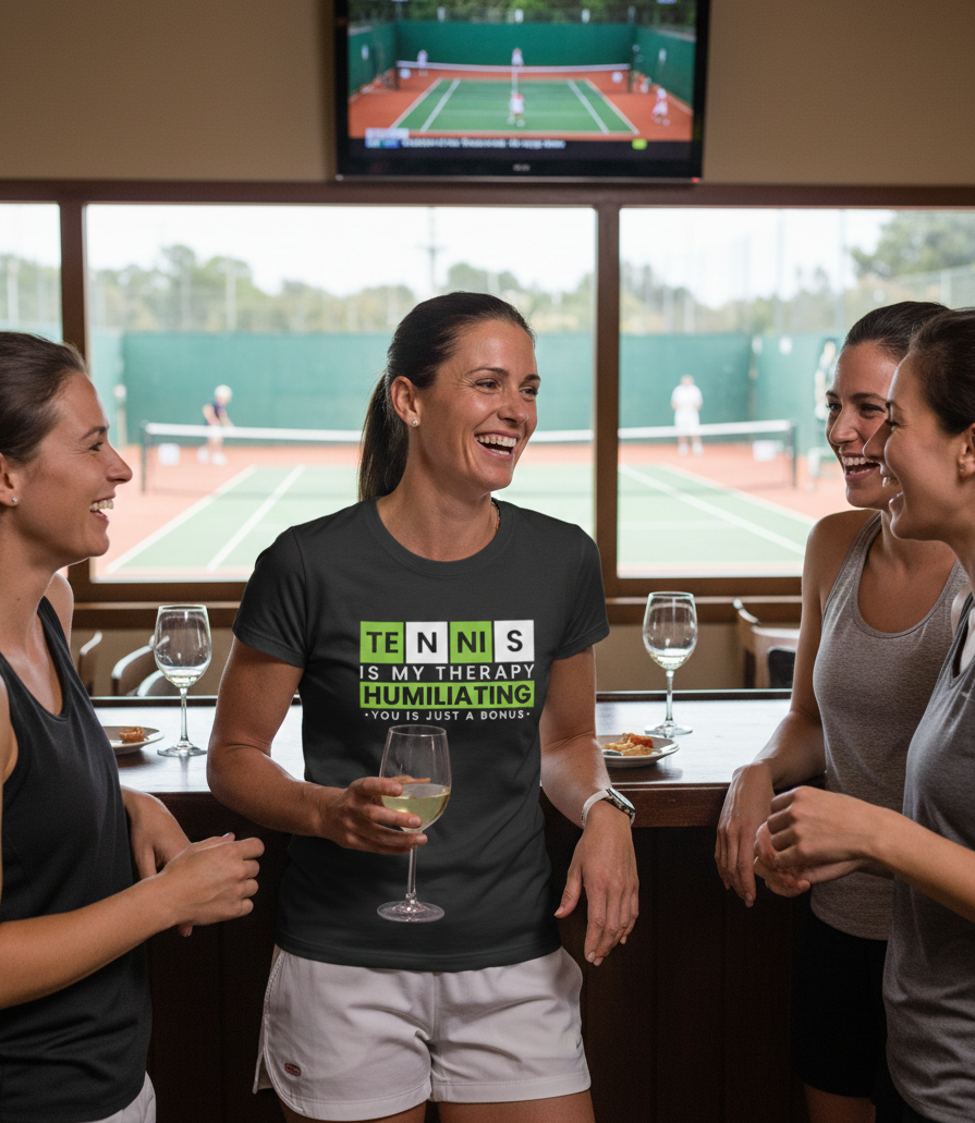 Group of women in a casual setting with one wearing a humorous tennis-themed t-shirt.  The lady is wearing a Tennis T-shirt with the funny tennis slogan on the front that reads 'Tennis Is My Therapy, Humiliating You Is Just A Bonus'.  Cows Corner gifts are perfect for sport-mad fans, these gifts work brilliantly for birthdays, new baby celebrations, Father’s Day, Mother’s Day, Christmas, anniversaries, thank you gifts, end-of-season team awards, graduations, retirements, and just-because moments.