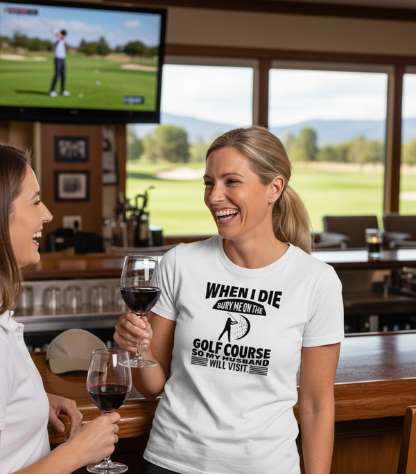 Two women in a golf-themed bar, one wearing a humorous t-shirt. The lady is wearing a Cows Corner t-shirt with a funny golf slogan on the front that reads 'When I Die Bury Me on the Golf Course So My Husband Will Visit'. Cows Corner gifts are perfect for sport-mad fans, these gifts work brilliantly for birthdays, new baby celebrations, Father’s Day, Mother’s Day, Christmas, anniversaries, thank you gifts, end-of-season team awards, graduations, retirements, and just-because moments 