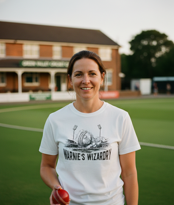 Woman wearing a 'Warnie's Wizardry' t-shirt on a sports field with a building in the background. The lady is wearing a Cows Corner t-shirt with the funny cricket slogan 'Warnie’s Wizardry'. Cows Corner gifts are perfect for sport-mad fans, these gifts work brilliantly for birthdays, new baby celebrations, Father’s Day, Mother’s Day, Christmas, anniversaries, thank you gifts, end-of-season team awards, graduations, retirements, and just-because moments when you want to raise a smile. 
