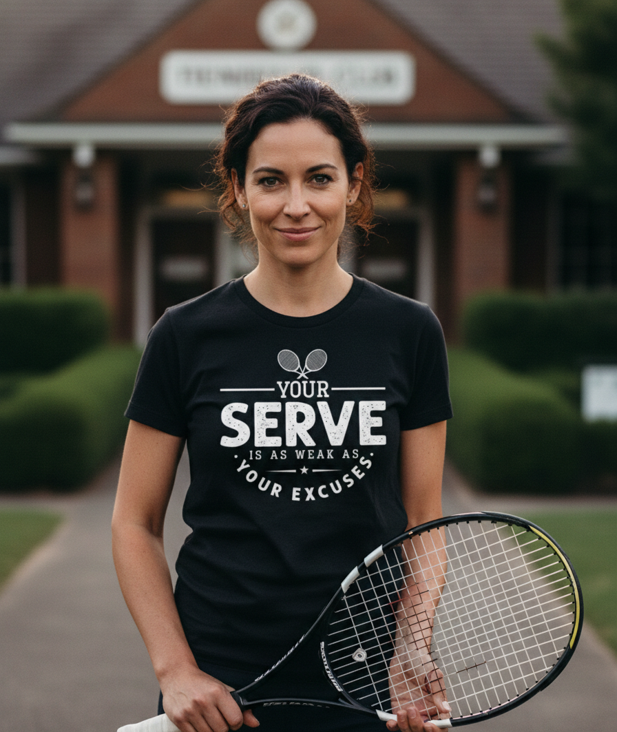 Woman holding a tennis racket wearing a black t-shirt with a motivational quote. The lady is wearing a Cows Corner t-shirt with the funny tennis slogan 'Your Serve Is As Weak As Your Excuses'. Cows Corner gifts are perfect for sport-mad fans, these gifts work brilliantly for birthdays, new baby celebrations, Father’s Day, Mother’s Day, Christmas, anniversaries, thank you gifts, end-of-season team awards, graduations, retirements, and just-because moments when you want to raise a smile. 
