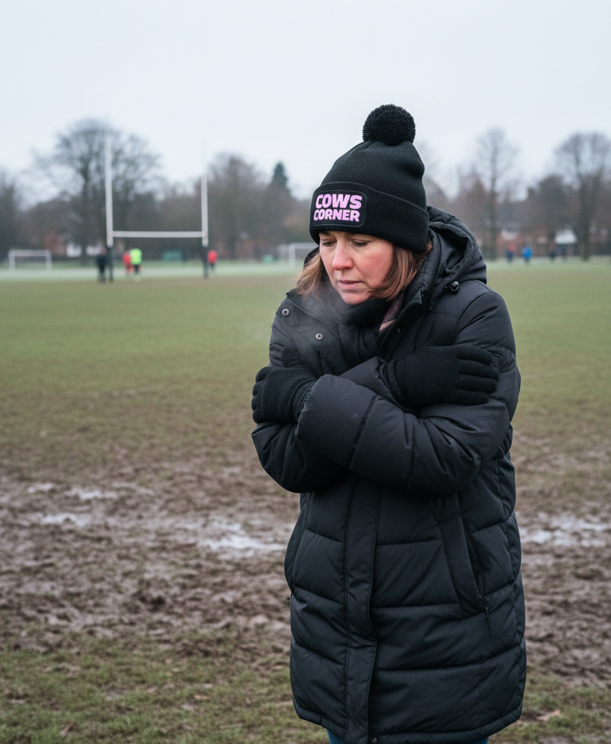 Lady standing on a grassy field wearing a green coat and black beanie with text. Cows Corner gifts are perfect for sport-mad fans, these gifts work brilliantly for birthdays, new baby celebrations, Father’s Day, Mother’s Day, Christmas, anniversaries, thank you gifts, end-of-season team awards, graduations, retirements, and just-because moments when you want to raise a smile. Designed for people who appreciate thoughtful gifting with a playful edge, Cows Corner gifts suit everyone