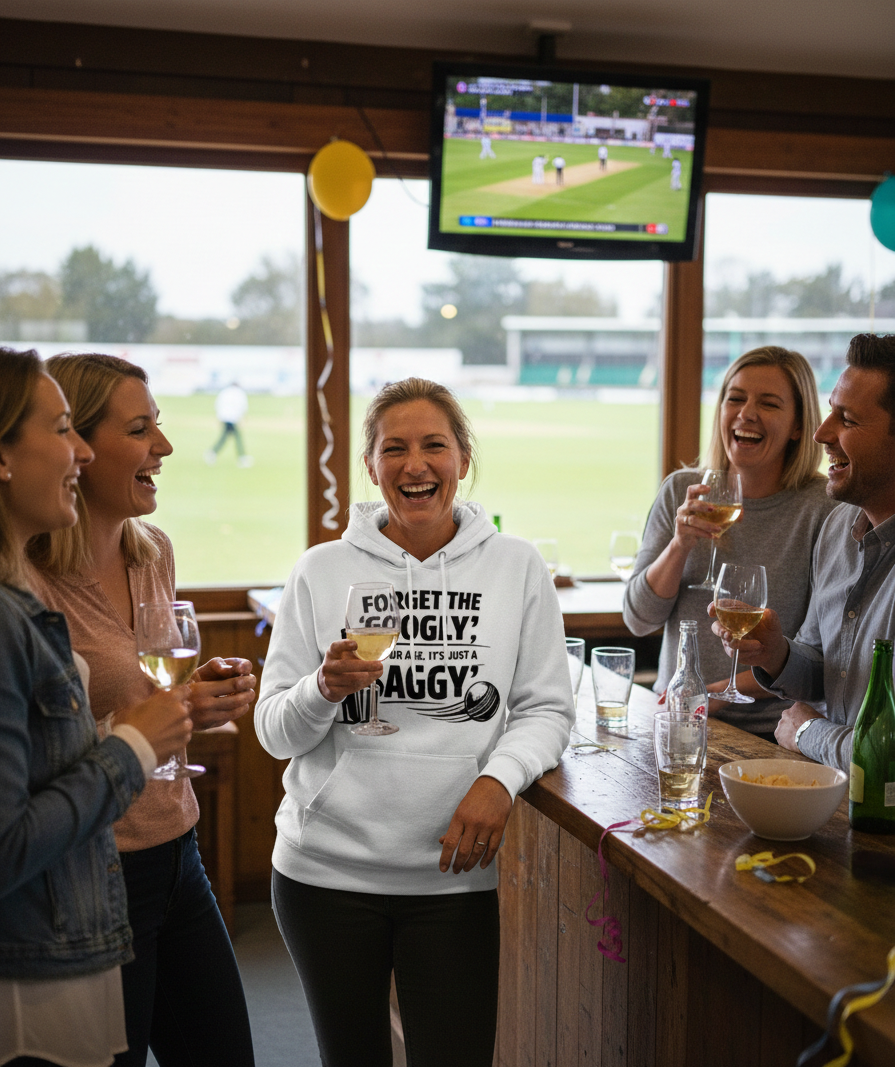 Group of people enjoying drinks and watching a sports game in a pub. The lady is wearing a Cows Corner hoodie with the funny cricket birthday slogan 'Forget the 'Googly', at your age, it’s just a 'Saggy''. Cows Corner gifts are perfect for sport-mad fans, these gifts work brilliantly for birthdays, new baby celebrations, Father’s Day, Mother’s Day, Christmas, anniversaries, thank you gifts, end-of-season team awards, graduations, retirements, and just-because moments when you want to raise a smile. 

