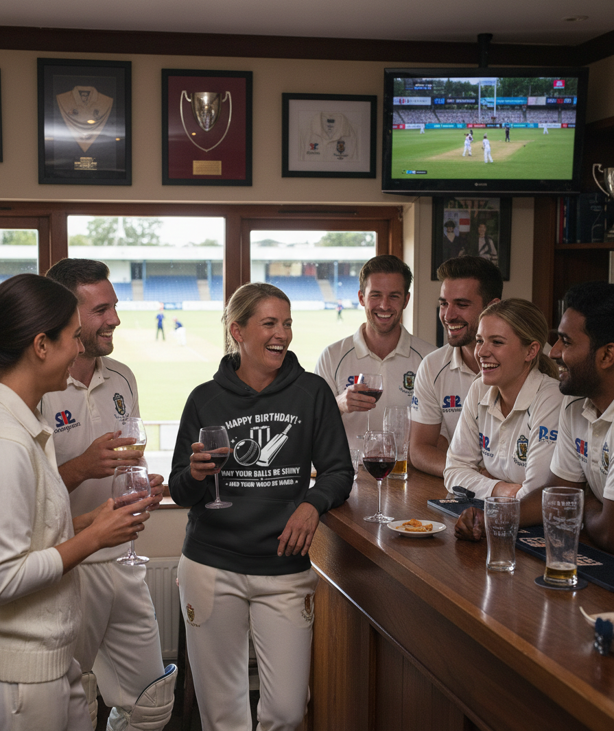 Group of people in sports attire gathered around a bar, watching a game on television. The lady is wearing a Cows Corner hoodie with the funny cricket birthday slogan 'Happy Birthday! May Your Balls Be Shiny and Your Wood Be Hard.'  Cows Corner gifts are perfect for sport-mad fans, these gifts work brilliantly for birthdays, new baby celebrations, Father’s Day, Mother’s Day, Christmas, anniversaries, thank you gifts, end-of-season team awards, graduations, retirements, and just-because moments 