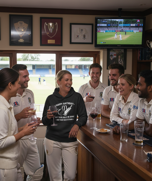 Group of people in sports attire gathered around a bar, watching a game on television. The lady is wearing a Cows Corner hoodie with the funny cricket birthday slogan 'Happy Birthday! May Your Balls Be Shiny and Your Wood Be Hard.'  Cows Corner gifts are perfect for sport-mad fans, these gifts work brilliantly for birthdays, new baby celebrations, Father’s Day, Mother’s Day, Christmas, anniversaries, thank you gifts, end-of-season team awards, graduations, retirements, and just-because moments 