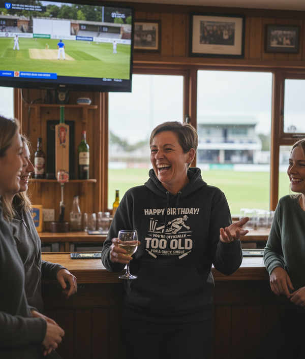 People in a bar watching a cricket match on TV, one person wearing a hoodie with a birthday message. The lady is wearing a Cows Corner hoodie with the funny cricket birthday slogan 'Happy Birthday! You’re Officially Too Old for a Quick Single'. Cows Corner gifts are perfect for sport-mad fans, these gifts work brilliantly for birthdays, new baby celebrations, Father’s Day, Mother’s Day, Christmas, anniversaries, thank you gifts, end-of-season team awards, graduations, retirements, and just-because moments 