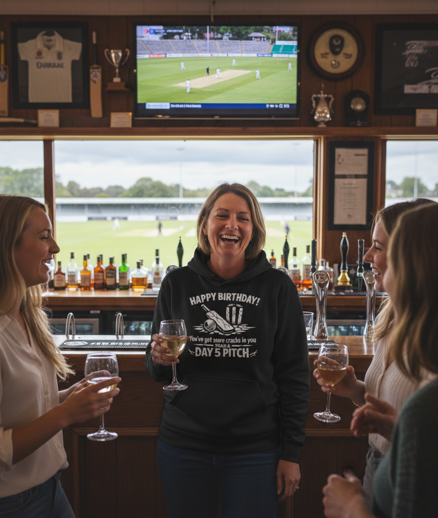 A lady wearing a Cows Corner hoodie with the funny birthday message on the front that reads 'Happy Birthday! You’ve got more cracks in you than a Day 5 pitch'.  Cows Corner gifts are perfect for sport-mad fans, these gifts work brilliantly for birthdays, new baby celebrations, Father’s Day, Mother’s Day, Christmas, anniversaries, thank you gifts, end-of-season team awards, graduations, retirements, and just-because moments when you want to raise a smile. 

