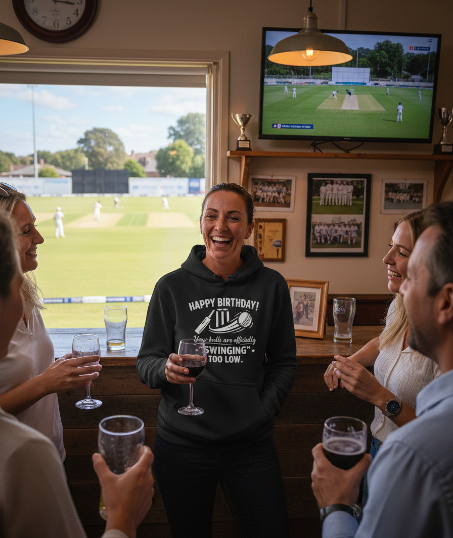 Group of people celebrating a birthday with drinks in a pub, watching cricket on TV. The lady is wearing a Cows Corner hoodie with the cricket birthday slogan that reads 'Happy Birthday! Your balls are officially 'swinging' too low.'. Cows Corner gifts are perfect for sport-mad fans, these gifts work brilliantly for birthdays, new baby celebrations, Father’s Day, Mother’s Day, Christmas, anniversaries, thank you gifts, end-of-season team awards, graduations, retirements, and just-because moments 