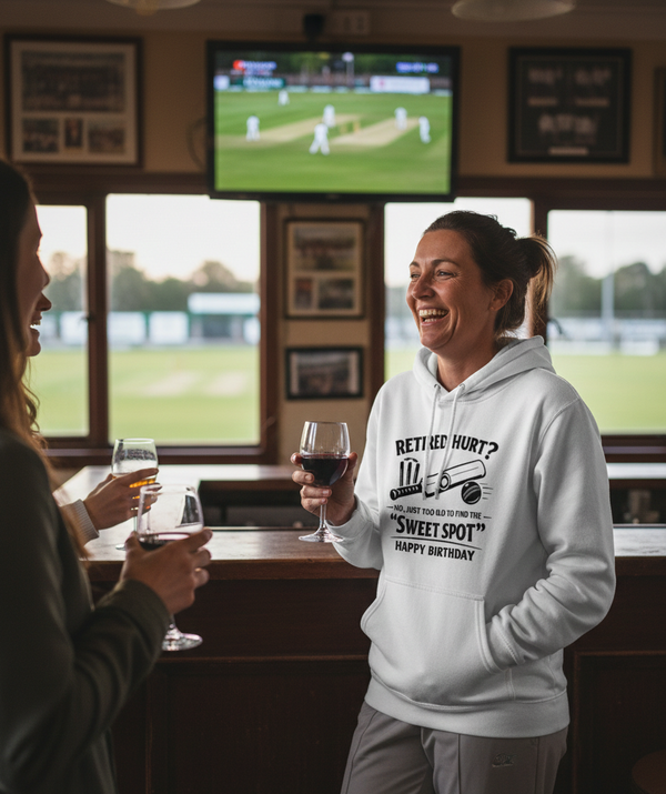 Two women in a bar, one wearing a hoodie with text, watching a sports game on TV. The lady is wearing a Cows Corner hoodie with the funny birthday cricket slogan 'Retired Hurt? No, just too old to find the 'Sweet Spot' Happy Birthday'. Cows Corner gifts are perfect for sport-mad fans, these gifts work brilliantly for birthdays, new baby celebrations, Father’s Day, Mother’s Day, Christmas, anniversaries, thank you gifts, end-of-season team awards, graduations, retirements, and just-because moments 