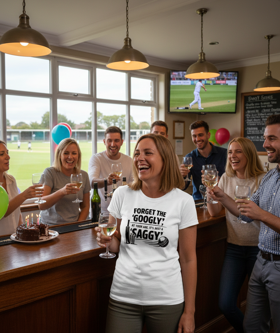 Group of people in a pub with a woman wearing a white t-shirt with text. The lady is wearing a Cows Corner t-shirt with the funny birthday slogan 'Forget the 'Googly', at your age, it’s just a 'Saggy'. Cows Corner gifts are perfect for sport-mad fans, these gifts work brilliantly for birthdays, new baby celebrations, Father’s Day, Mother’s Day, Christmas, anniversaries, thank you gifts, end-of-season team awards, graduations, retirements, and just-because moments when you want to raise a smile. 
