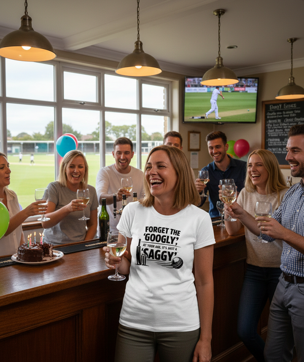 Group of people in a pub with a woman wearing a white t-shirt with text. The lady is wearing a Cows Corner t-shirt with the funny birthday slogan 'Forget the 'Googly', at your age, it’s just a 'Saggy'. Cows Corner gifts are perfect for sport-mad fans, these gifts work brilliantly for birthdays, new baby celebrations, Father’s Day, Mother’s Day, Christmas, anniversaries, thank you gifts, end-of-season team awards, graduations, retirements, and just-because moments when you want to raise a smile. 
