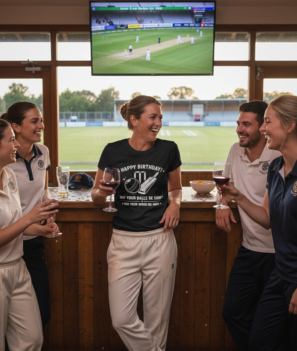 Group of people in cricket uniforms celebrating a birthday with drinks in a bar.  The lady is wearing a Cows Corner t-shirt with the funny cricket birthday slogan 'Happy Birthday! May Your Balls Be Shiny and Your Wood Be Hard.' Cows Corner gifts are perfect for sport-mad fans, these gifts work brilliantly for birthdays, new baby celebrations, Father’s Day, Mother’s Day, Christmas, anniversaries, thank you gifts, end-of-season team awards, graduations, retirements, and just-because moments 