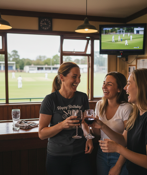 Three women in a pub enjoying drinks and watching a game on TV. The lady is wearing a Cows Corner t-shirt with the funny birthday cricket slogan 'Happy Birthday! May your wood be firm and your balls stay red'. Cows Corner gifts are perfect for sport-mad fans, these gifts work brilliantly for birthdays, new baby celebrations, Father’s Day, Mother’s Day, Christmas, anniversaries, thank you gifts, end-of-season team awards, graduations, retirements, and just-because moments when you want to raise a smile. 
