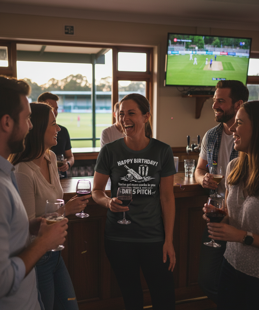 Group of people in a pub watching a sports match on television. The lady is wearing a Cows Corner t-shirt with the funny cricket birthday slogan 'Happy Birthday! You’ve got more cracks in you than a Day 5 pitch'. Cows Corner gifts are perfect for sport-mad fans, these gifts work brilliantly for birthdays, new baby celebrations, Father’s Day, Mother’s Day, Christmas, anniversaries, thank you gifts, end-of-season team awards, graduations, retirements, and just-because moments when you want to raise a smile. 
