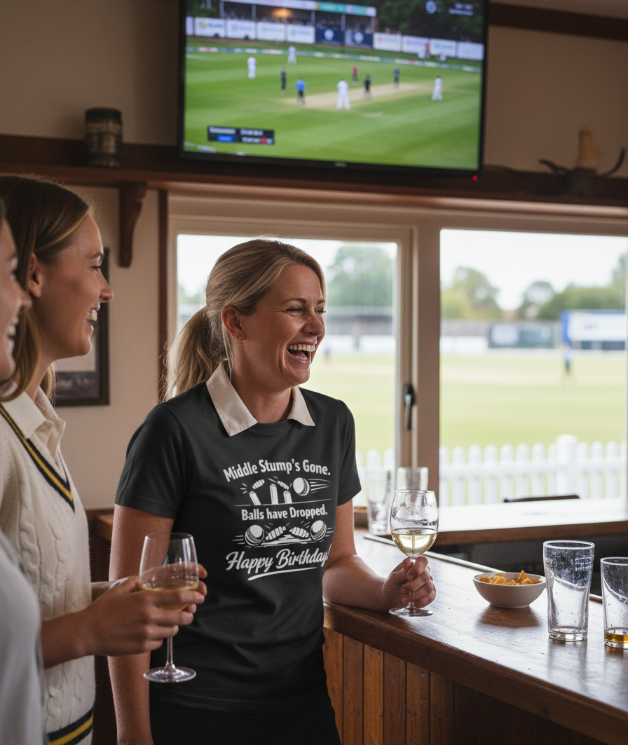 Two women in a bar watching cricket on TV with drinks. The lady is wearing a Cows Corner t-shirt with the funny cricket birthday slogan 'Middle Stump’s Gone. Balls have Dropped. Happy Birthday.'. Cows Corner gifts are perfect for sport-mad fans, these gifts work brilliantly for birthdays, new baby celebrations, Father’s Day, Mother’s Day, Christmas, anniversaries, thank you gifts, end-of-season team awards, graduations, retirements, and just-because moments when you want to raise a smile. 
