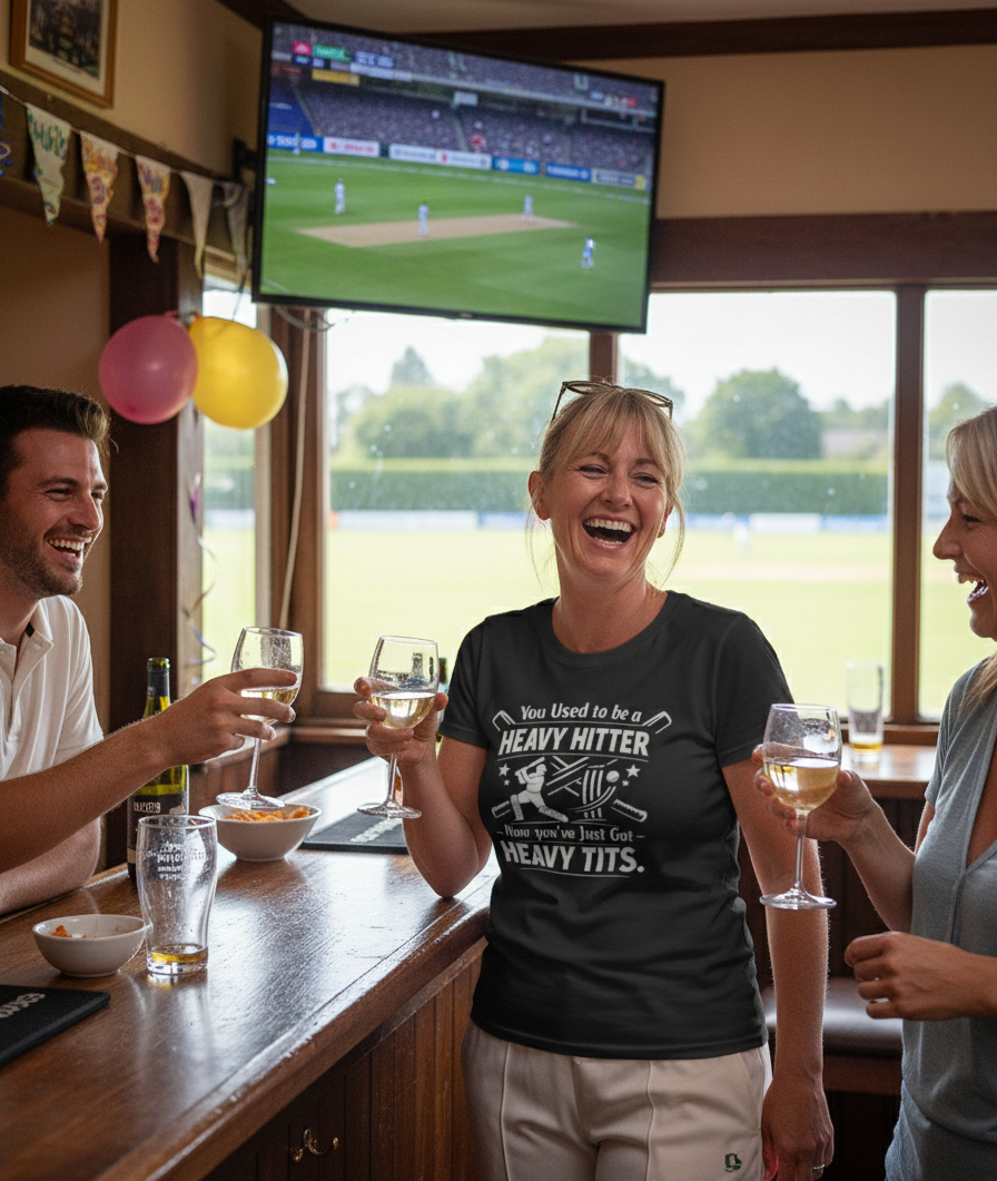 People enjoying drinks and conversation in a pub with a TV showing a sports game.  The lady is wearing a Cows Corner t-shirt with the funny cricket birthday slogan 'You Used to be a Heavy Hitter. Now you’ve Just Got Heavy Tits'.  Cows Corner gifts are perfect for sport-mad fans, these gifts work brilliantly for birthdays, new baby celebrations, Father’s Day, Mother’s Day, Christmas, anniversaries, thank you gifts, end-of-season team awards, graduations, retirements, and just-because moments 