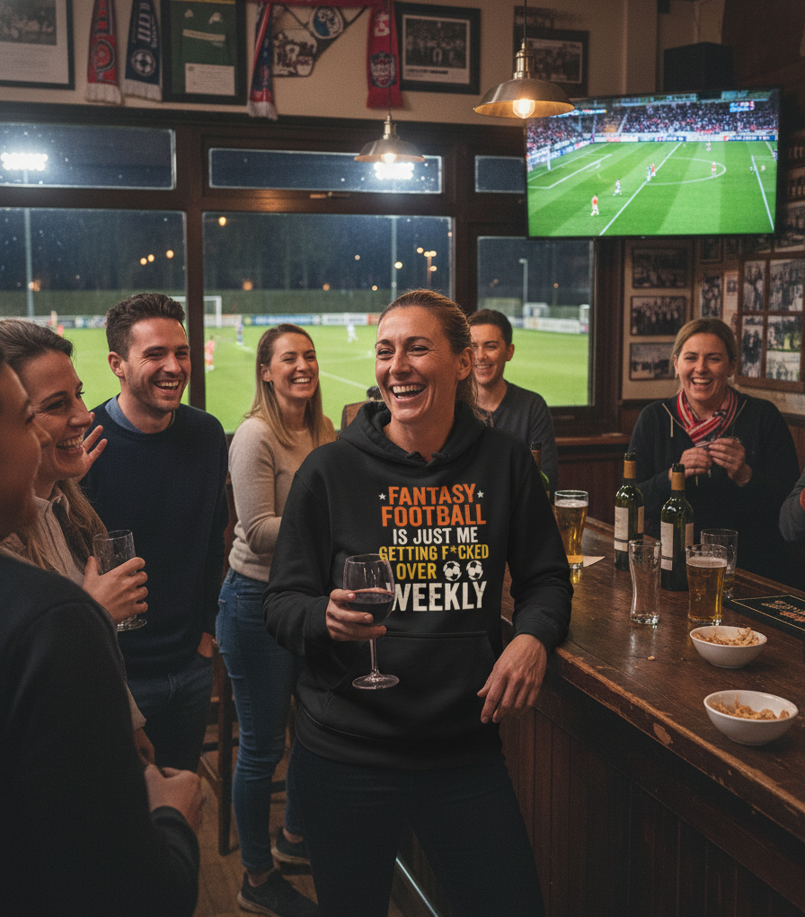 People in a bar watching sports on TV with a person holding a wine glass.  The lady is wearing a Cows Corner t-shirt with the funny fantasy football slogan on the front that reads 'Fantasy Football Is Just Me Getting F*cked Over Weekly'  Cows Corner gifts are perfect for sport-mad fans, these gifts work brilliantly for birthdays, new baby celebrations, Father’s Day, Mother’s Day, Christmas, anniversaries, thank you gifts, end-of-season team awards, graduations, retirements, and just-because moments 