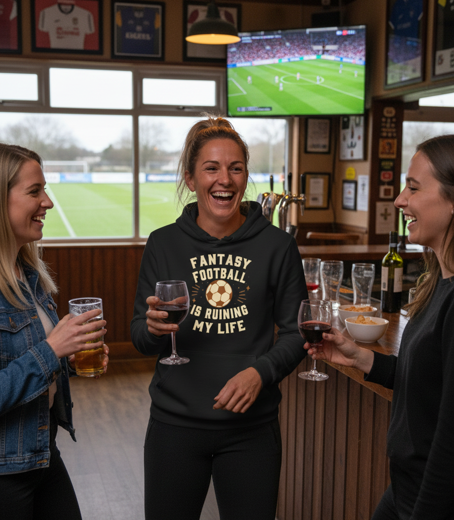 Three women in a pub watching a sports game, one wearing a hoodie with text.  The lady is wearing a Cows Corner hoodie with the funny fantasy football slogan on the front that reads 'Fantasy Football Is Ruining My Life' Cows Corner gifts are perfect for sport-mad fans, these gifts work brilliantly for birthdays, new baby celebrations, Father’s Day, Mother’s Day, Christmas, anniversaries, thank you gifts, end-of-season team awards, graduations, retirements, and just-because moments 