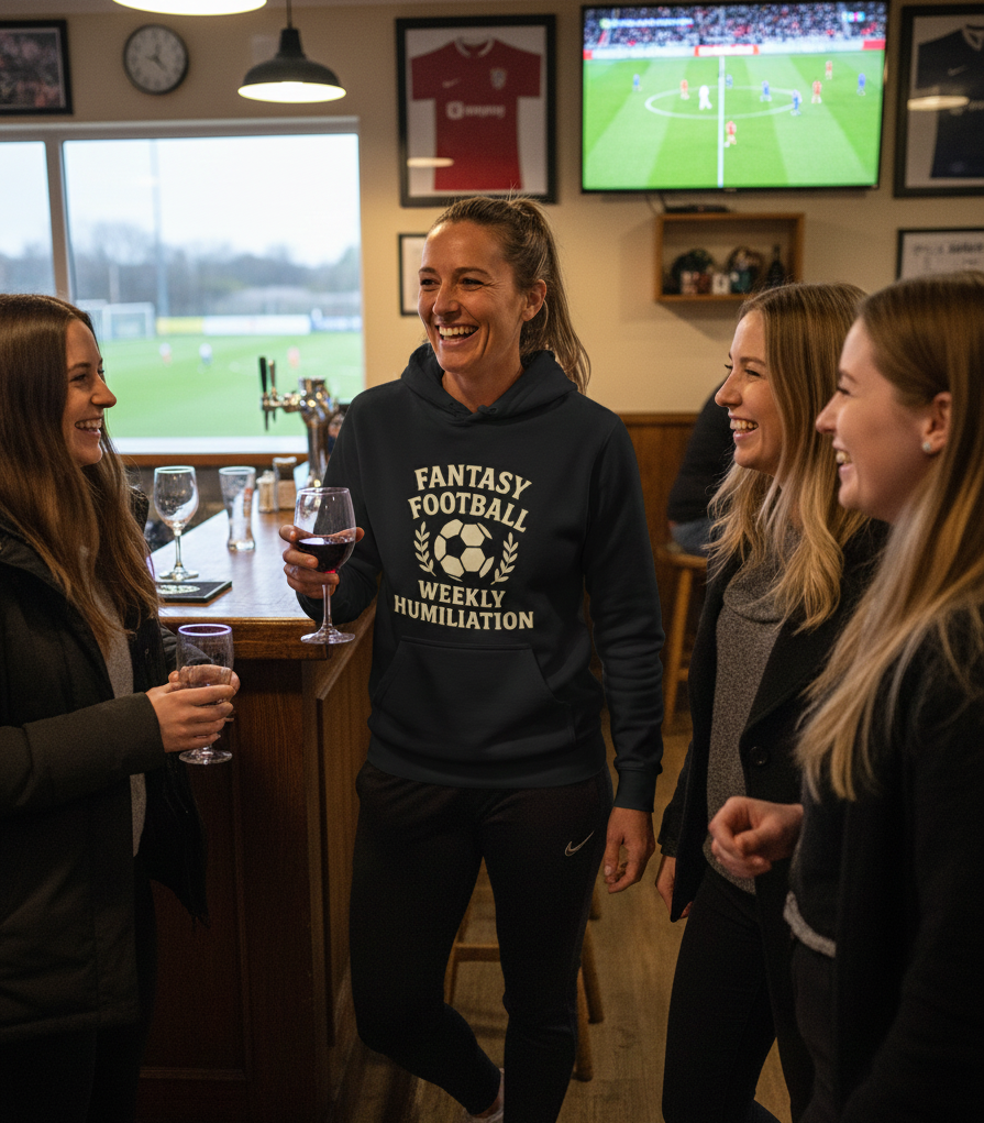 Group of women in a pub watching a sports game on TV, one wearing a Cows Corner hoodie with the funny fantasy football slogan on the front that reads 'Fantasy Football Weekly Humiliation' Cows Corner gifts are perfect for sport-mad fans, these gifts work brilliantly for birthdays, new baby celebrations, Father’s Day, Mother’s Day, Christmas, anniversaries, thank you gifts, end-of-season team awards, graduations, retirements, and just-because moments when you want to raise a smile. 