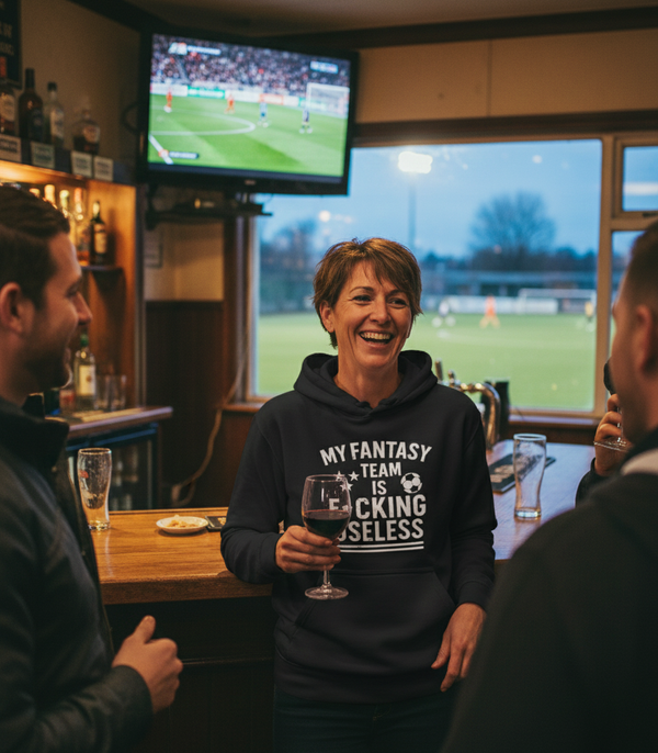 Woman in a bar wearing a hoodie with humorous text, holding a glass of wine, with a sports game on TV in the background.  She is wearing a Cows Corner hoodie with the funny fantasy football slogan on the front that reads 'My Fantasy Team Is F*cking Useless'.  Cows Corner gifts are perfect for sport-mad fans, these gifts work brilliantly for birthdays, new baby celebrations, Father’s Day, Mother’s Day, Christmas, anniversaries, thank you gifts, end-of-season team awards, graduations, retirements