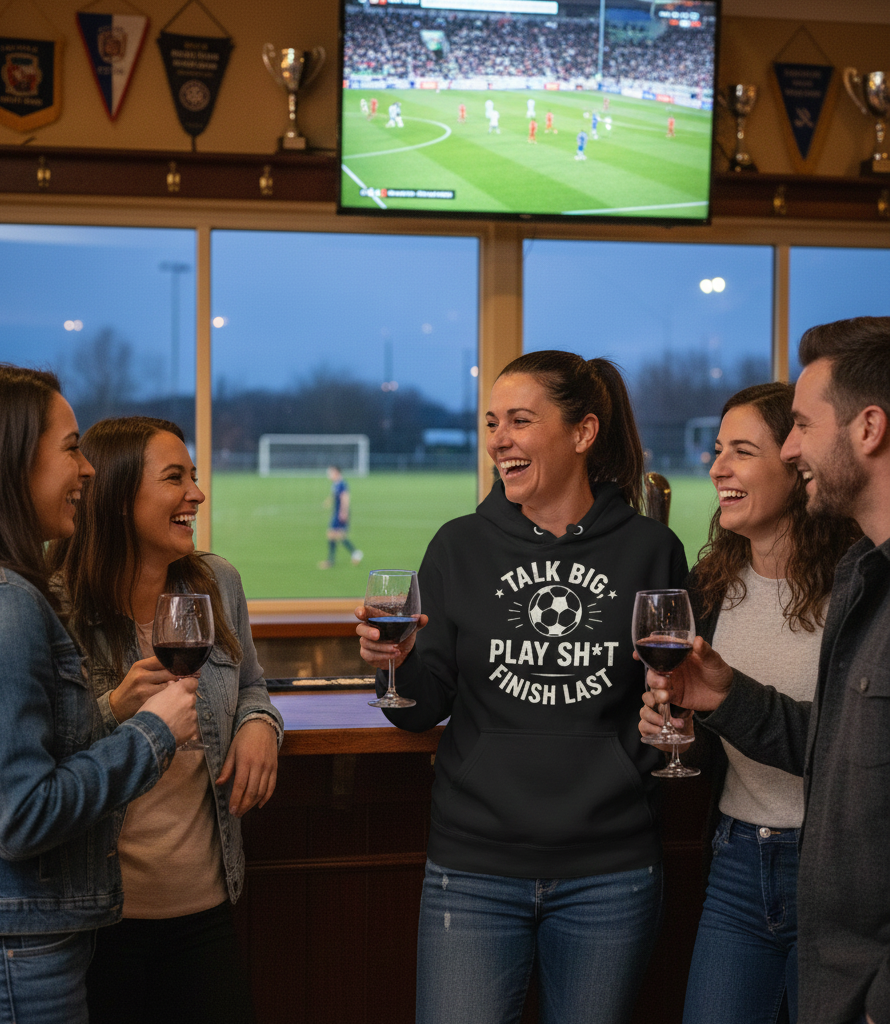 Group of people in a sports bar watching a soccer game on TV.  The lady is wearing a Cows Corner hoodie with the funny fantasy football slogan on the front that reads 'Talk Big, Play Sh*t, Finish Last'. Cows Corner gifts are perfect for sport-mad fans, these gifts work brilliantly for birthdays, new baby celebrations, Father’s Day, Mother’s Day, Christmas, anniversaries, thank you gifts, end-of-season team awards, graduations, retirements, and just-because moments when you want to raise a smile. 