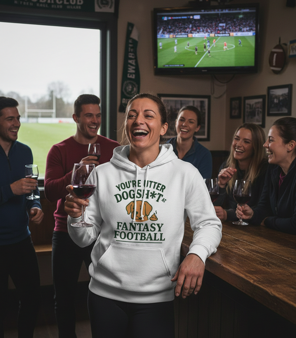 Woman in a hoodie with humorous text at a bar, surrounded by friends watching sports on TV. The lady is wearing a Cows Corner hoodie with the funny fantasy football slogan on the front that reads 'You're Utter Dogsh*t at Fantasy Football'.  Cows Corner gifts are perfect for sport-mad fans, these gifts work brilliantly for birthdays, new baby celebrations, Father’s Day, Mother’s Day, Christmas, anniversaries, thank you gifts, end-of-season team awards, graduations, retirements, and just-because moments 