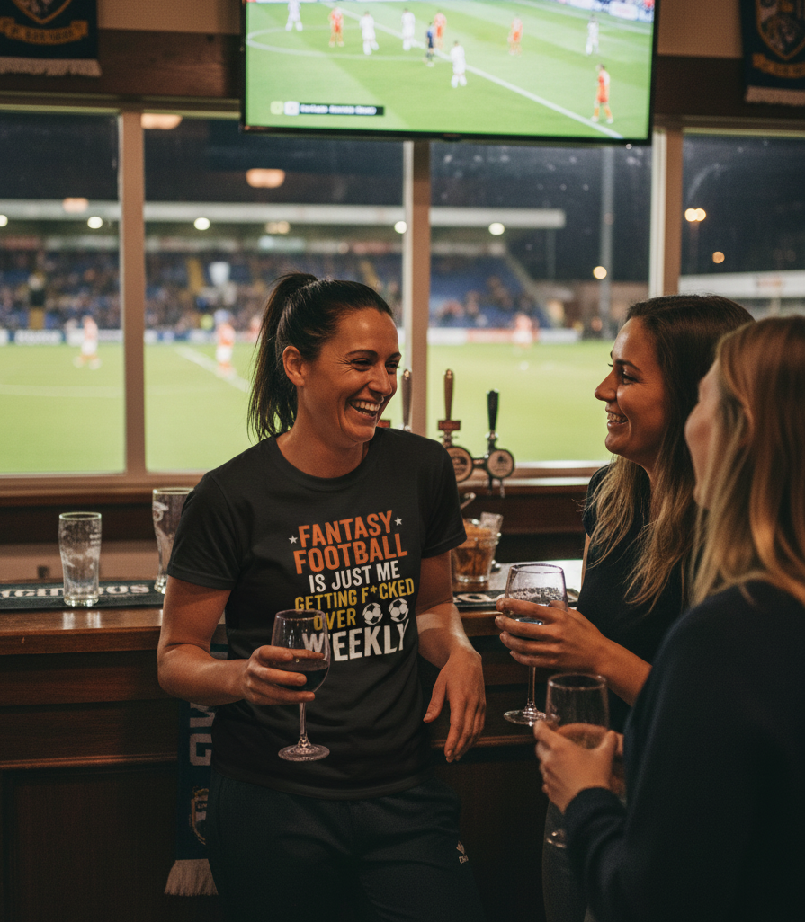Three women in a sports bar watching a football game on TV.  The lady is wearing a Cows Corner t-shirt with the funny fantasy football slogan on the front that reads 'Fantasy Football Is Just Me Getting F*cked Over Weekly'. Cows Corner gifts are perfect for sport-mad fans, these gifts work brilliantly for birthdays, new baby celebrations, Father’s Day, Mother’s Day, Christmas, anniversaries, thank you gifts, end-of-season team awards, graduations, retirements, and just-because moments 