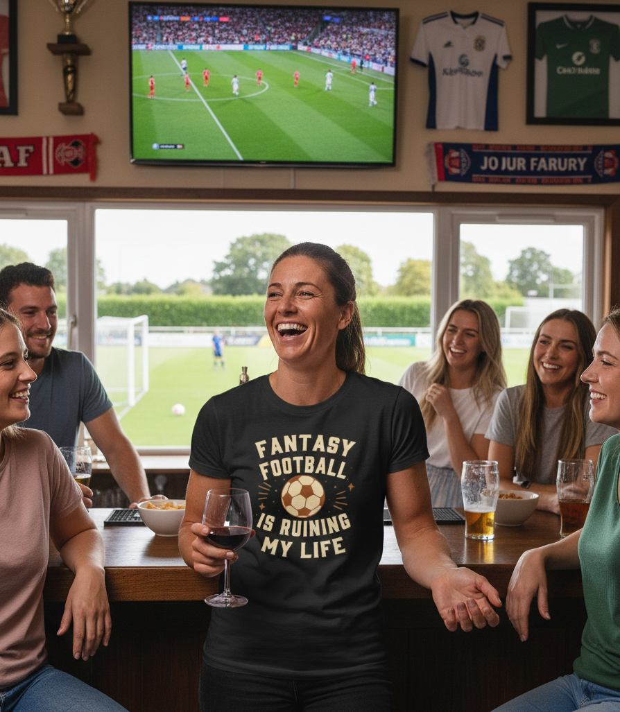 Group of people in a pub watching a soccer game on TV, with one person wearing a 'Fantasy Football is Ruining My Life' shirt.  Cows Corner gifts are perfect for sport-mad fans, these gifts work brilliantly for birthdays, new baby celebrations, Father’s Day, Mother’s Day, Christmas, anniversaries, thank you gifts, end-of-season team awards, graduations, retirements, and just-because moments when you want to raise a smile. Designed for people who appreciate thoughtful gifting with a playful edge