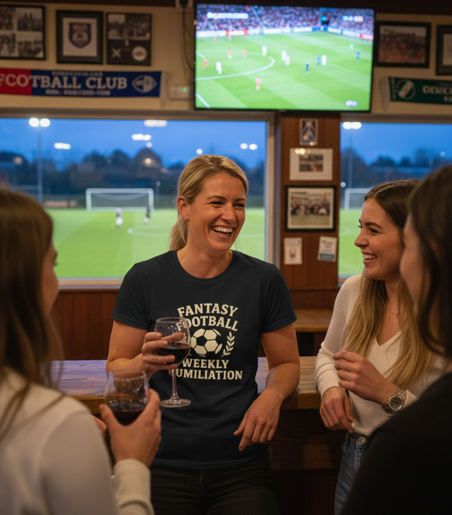 People watching a soccer match in a pub with a woman holding a glass.  The lady is wearing a Cows Corner T-shirt with the funny fantasy football slogan on the front that reads 'Fantasy Football = Weekly Humiliation'. Cows Corner gifts are perfect for sport-mad fans, these gifts work brilliantly for birthdays, new baby celebrations, Father’s Day, Mother’s Day, Christmas, anniversaries, thank you gifts, end-of-season team awards, graduations, retirements, and just-because moments
