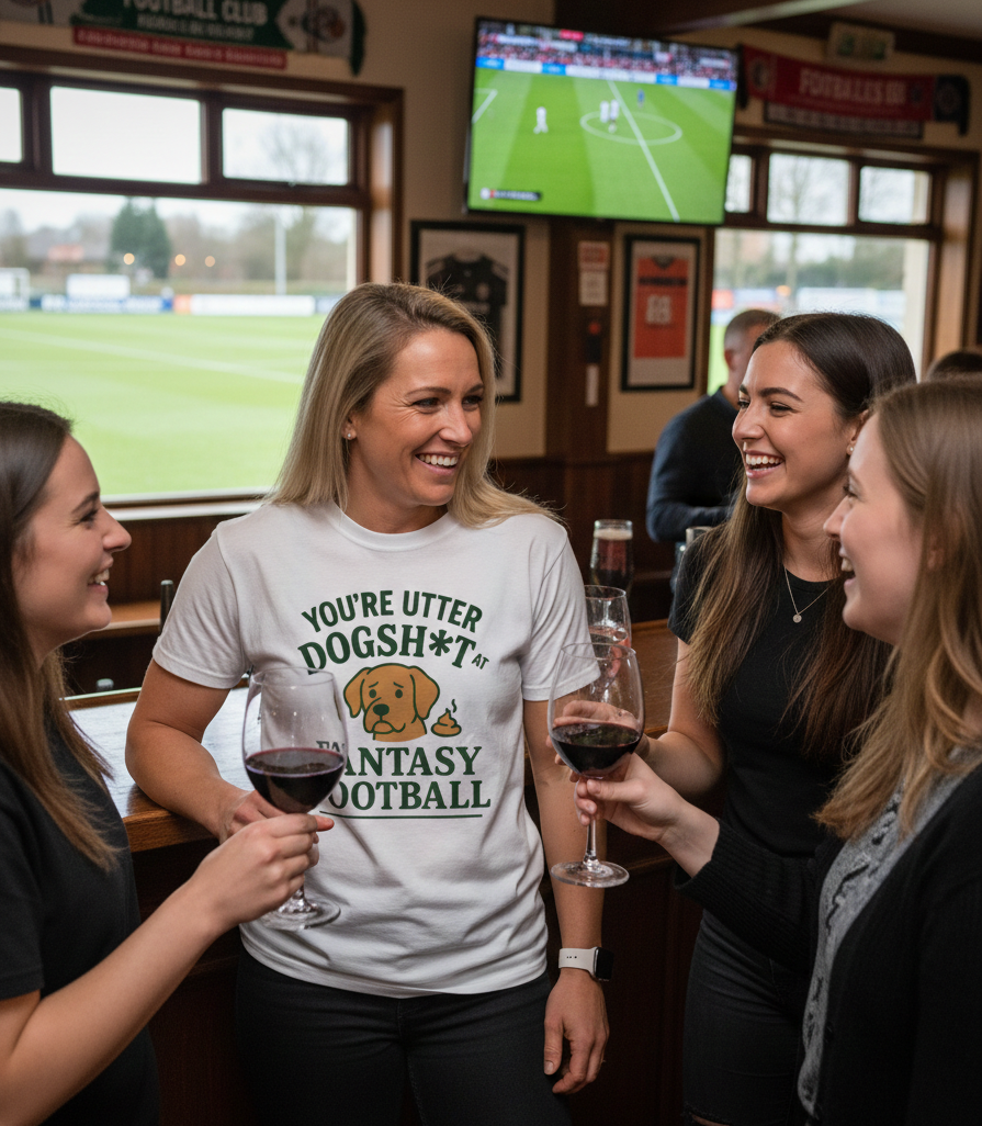 Group of women in a pub watching a sports game on television, one wearing a humorous t-shirt. The lady is wearing a Cows Corner t-shirt with the funny fantasy football slogan on the front that reads 'You're Utter Dogsh*t at Fantasy Football'. Cows Corner gifts are perfect for sport-mad fans, these gifts work brilliantly for birthdays, new baby celebrations, Father’s Day, Mother’s Day, Christmas, anniversaries, thank you gifts, end-of-season team awards, graduations, retirements, and just-because moments