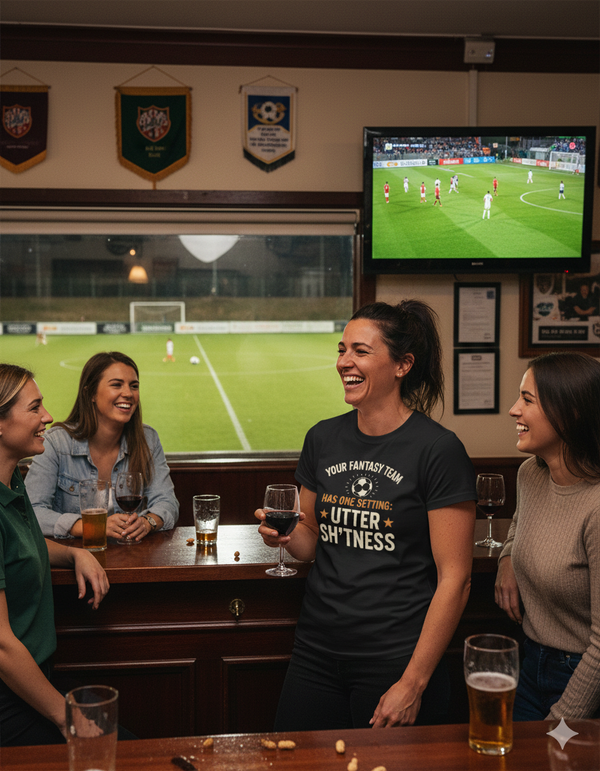 Group of women watching a soccer game on TV in a bar.  The lady is wearing a Cows Corner t-shirt with the funny fantasy football slogan on the front that reads 'Your Fantasy Team Has One Setting: Utter Sh*tness'. Cows Corner gifts are perfect for sport-mad fans, these gifts work brilliantly for birthdays, new baby celebrations, Father’s Day, Mother’s Day, Christmas, anniversaries, thank you gifts, end-of-season team awards, graduations, retirements, and just-because moments when you want to raise a smile. 
