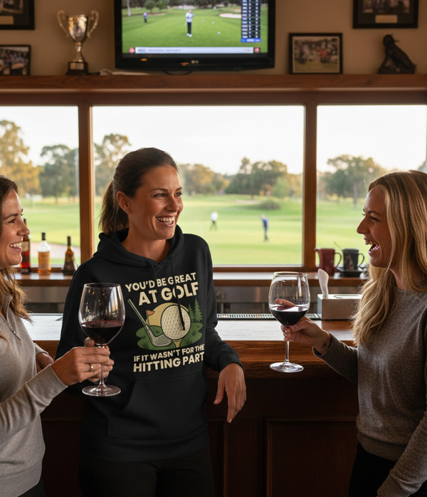 Three women enjoying wine in a bar with a golf course view on TV. The lady is wearing a Cows Corner hoodie with the funny golf slogan 'You’d Be Great at Golf if It Wasn’t for the Hitting Part'. Cows Corner gifts are perfect for sport-mad fans, these gifts work brilliantly for birthdays, new baby celebrations, Father’s Day, Mother’s Day, Christmas, anniversaries, thank you gifts, end-of-season team awards, graduations, retirements, and just-because moments when you want to raise a smile. 
