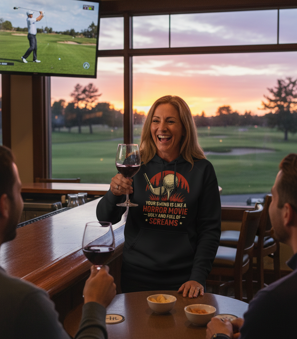 Woman in a bar laughing with friends, watching golf on TV, holding wine glasses. The lady is wearing a Cows Corner hoodie with the funny golf slogan 'Your Swing Is Like a Horror Movie, Ugly and Full of Screams'. Cows Corner gifts are perfect for sport-mad fans, these gifts work brilliantly for birthdays, new baby celebrations, Father’s Day, Mother’s Day, Christmas, anniversaries, thank you gifts, end-of-season team awards, graduations, retirements, and just-because moments when you want to raise a smile. 
