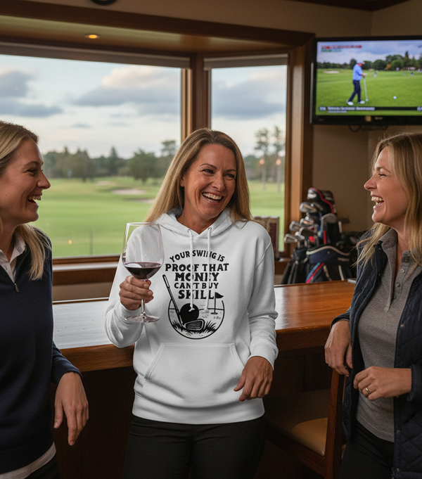 Three women in a golf-themed setting, one holding a glass of wine, with a television screen showing a golfer on a green. The lady is wearing a Cows Corner hoodie with the funny golf slogan 'Your Swing Is Proof That Money Can’t Buy Skill'. Cows Corner gifts are perfect for sport-mad fans, these gifts work brilliantly for birthdays, new baby celebrations, Father’s Day, Mother’s Day, Christmas, anniversaries, thank you gifts, end-of-season team awards, graduations, retirements, and just-because moments 